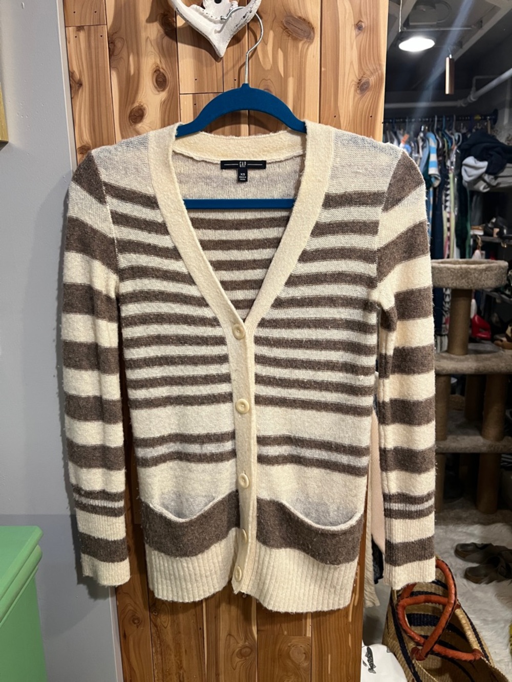GAP Cream and Brown Striped V-Neck Button Cardigan